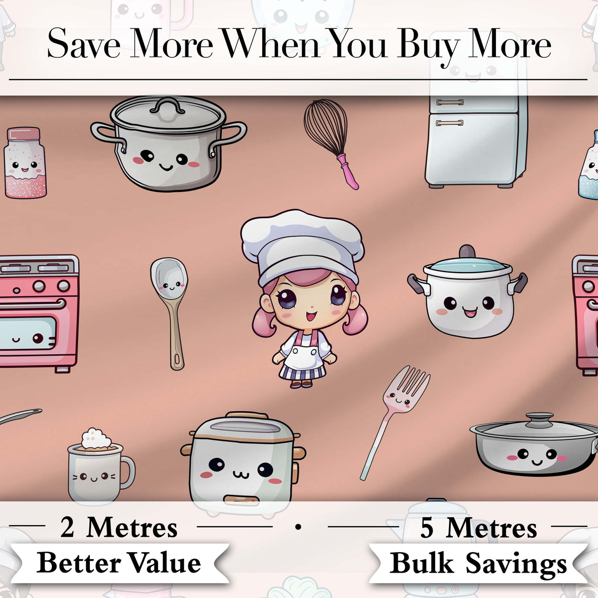 Kawaii Kitchen Chef Girl Cooking Utensils on Peach  Seamless Pattern Digital Print Fabric by the Metre UK Sewing Quilting Textile
