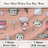 Kawaii Kitchen Chef Girl Cooking Utensils on Peach  Seamless Pattern Digital Print Fabric by the Metre UK Sewing Quilting Textile