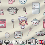 Kawaii Kitchen Chef Girl Cooking Utensils on Cream  Seamless Pattern Digital Print Fabric by the Metre UK Sewing Quilting Textile
