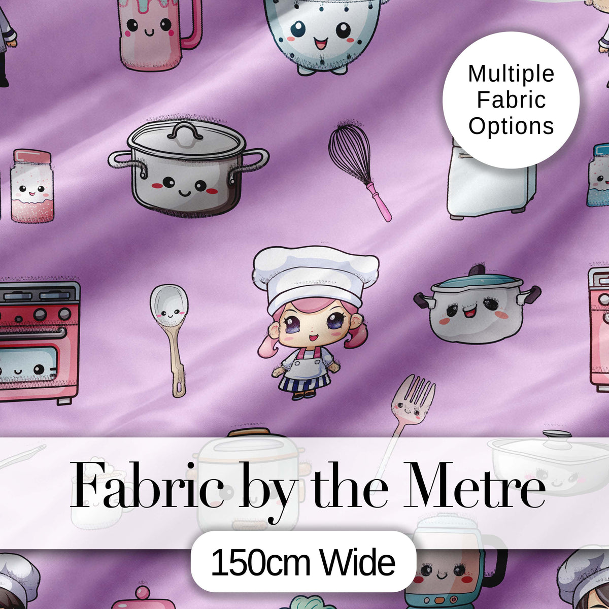 Kawaii Kitchen Chef Girl Cooking Utensils on Purple  Seamless Pattern Digital Print Fabric by the Metre UK Sewing Quilting Textile