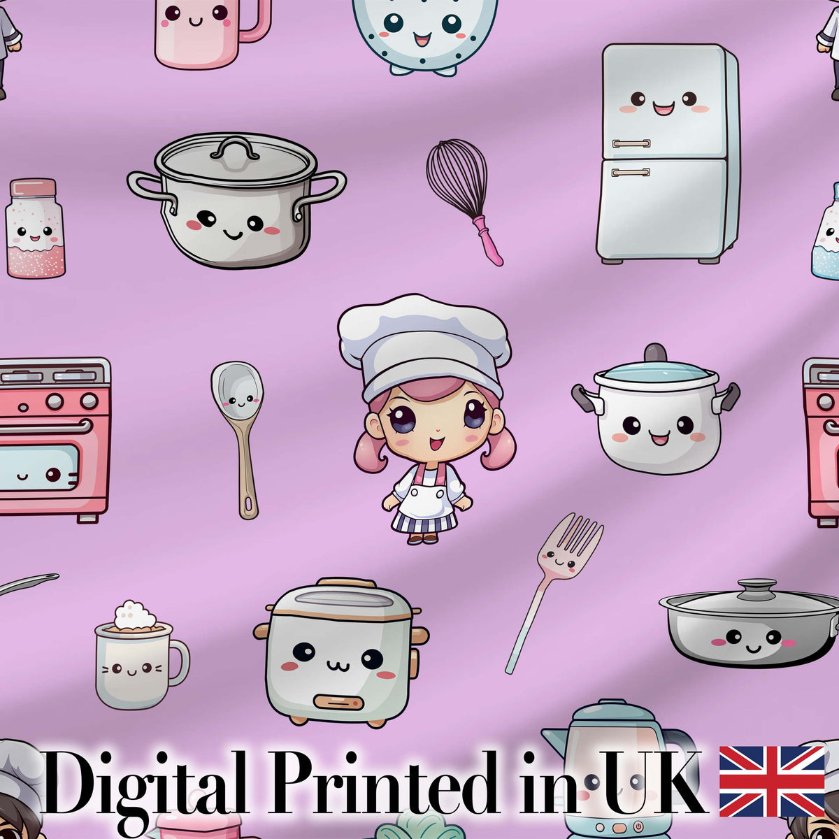 Kawaii Kitchen Chef Girl Cooking Utensils on Purple  Seamless Pattern Digital Print Fabric by the Metre UK Sewing Quilting Textile