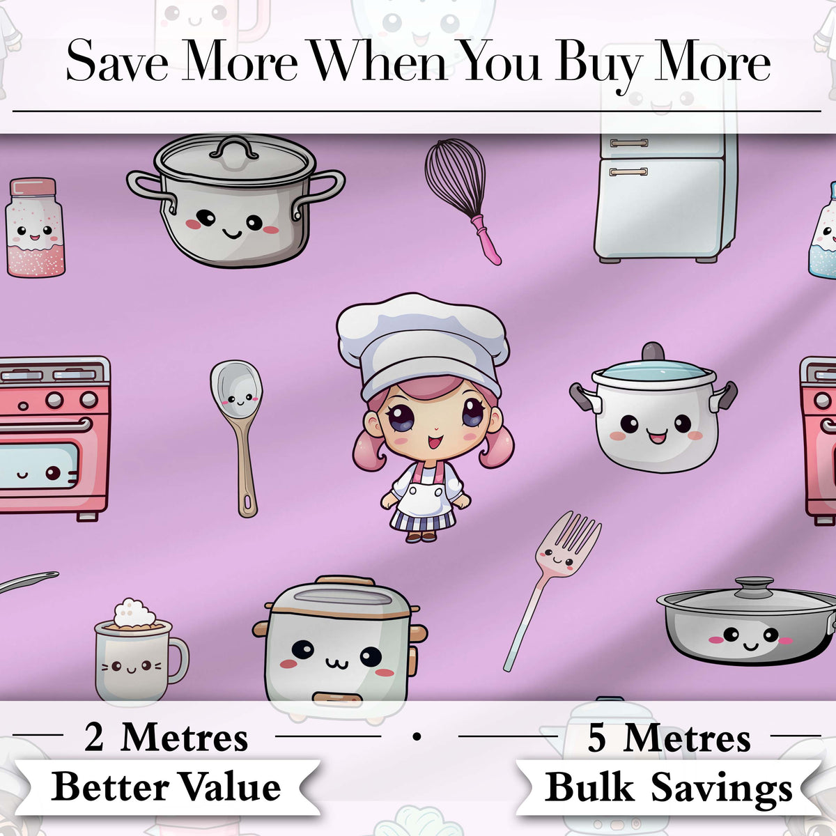 Kawaii Kitchen Chef Girl Cooking Utensils on Purple  Seamless Pattern Digital Print Fabric by the Metre UK Sewing Quilting Textile