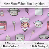 Kawaii Kitchen Chef Girl Cooking Utensils on Purple  Seamless Pattern Digital Print Fabric by the Metre UK Sewing Quilting Textile