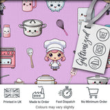 Kawaii Kitchen Chef Girl Cooking Utensils on Purple  Seamless Pattern Digital Print Fabric by the Metre UK Sewing Quilting Textile
