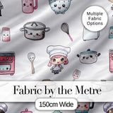 Cute Kawaii Chef Girl Cooking Utensils Grey Background Seamless Pattern Digital Print Fabric by the Metre UK Sewing Quilting Textile