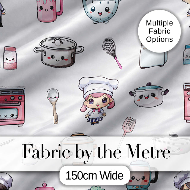 Cute Kawaii Chef Girl Cooking Utensils Grey Background Seamless Pattern Digital Print Fabric by the Metre UK Sewing Quilting Textile