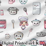 Cute Kawaii Chef Girl Cooking Utensils Grey Background Seamless Pattern Digital Print Fabric by the Metre UK Sewing Quilting Textile