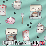 Kawaii Coffee Maker Milk Carton Cups Mint Green  Seamless Pattern Digital Print Fabric by the Metre UK Sewing Quilting Textile