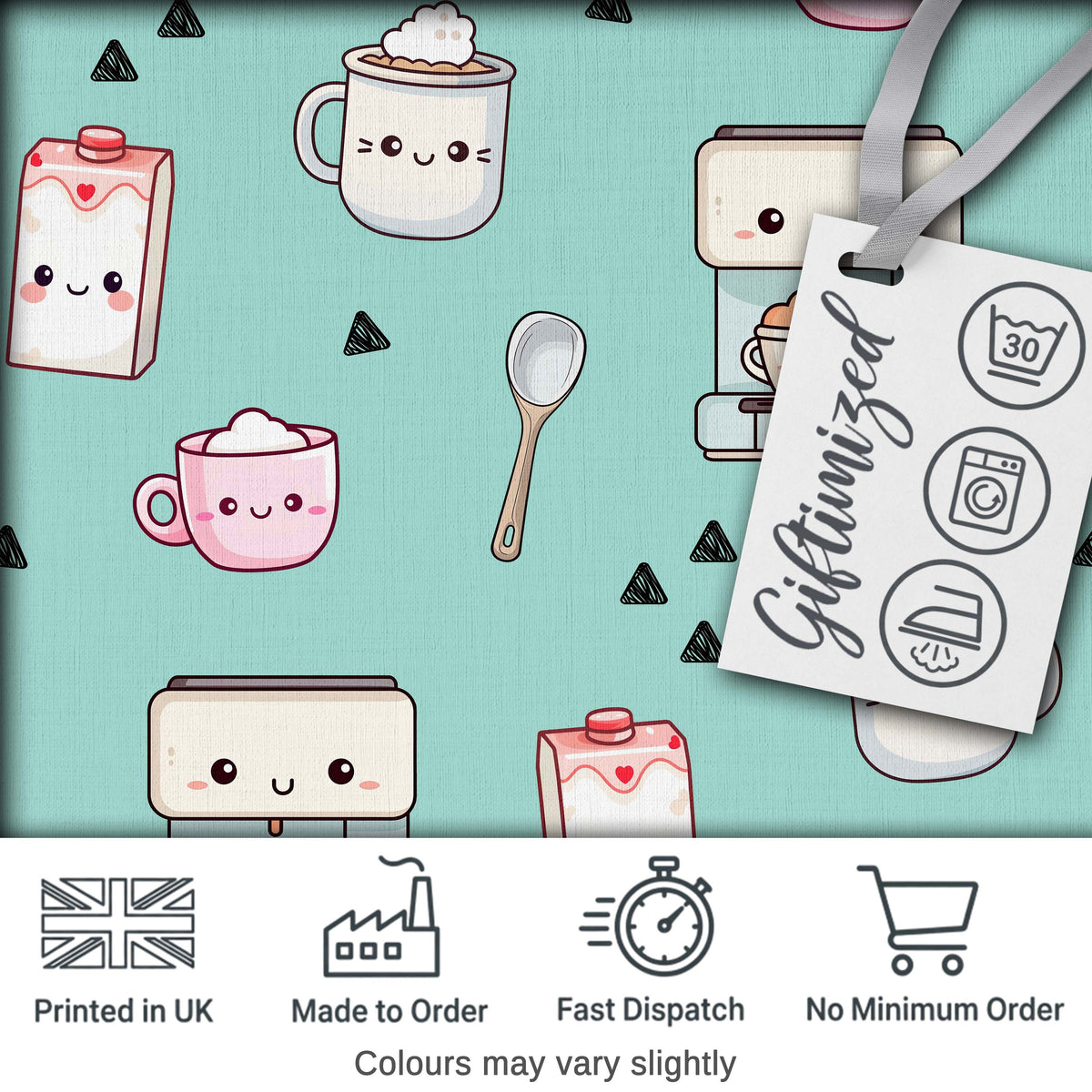Kawaii Coffee Maker Milk Carton Cups Mint Green  Seamless Pattern Digital Print Fabric by the Metre UK Sewing Quilting Textile