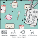 Kawaii Coffee Maker Milk Carton Cups Mint Green  Seamless Pattern Digital Print Fabric by the Metre UK Sewing Quilting Textile