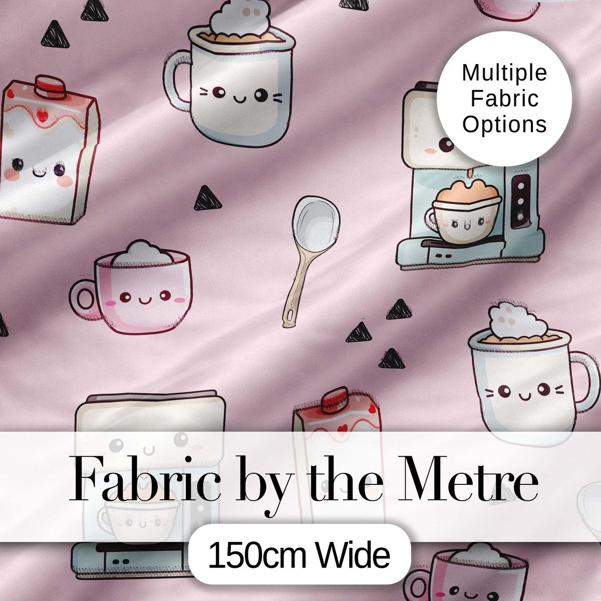 Cute Kawaii Coffee Maker Milk Carton Cups Soft Pink Background Seamless Pattern Digital Print Fabric by the Metre UK Sewing Quilting Textile
