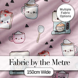 Cute Kawaii Coffee Maker Milk Carton Cups Soft Pink Background Seamless Pattern Digital Print Fabric by the Metre UK Sewing Quilting Textile
