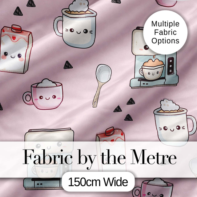 Cute Kawaii Coffee Maker Milk Carton Cups Soft Pink Background Seamless Pattern Digital Print Fabric by the Metre UK Sewing Quilting Textile