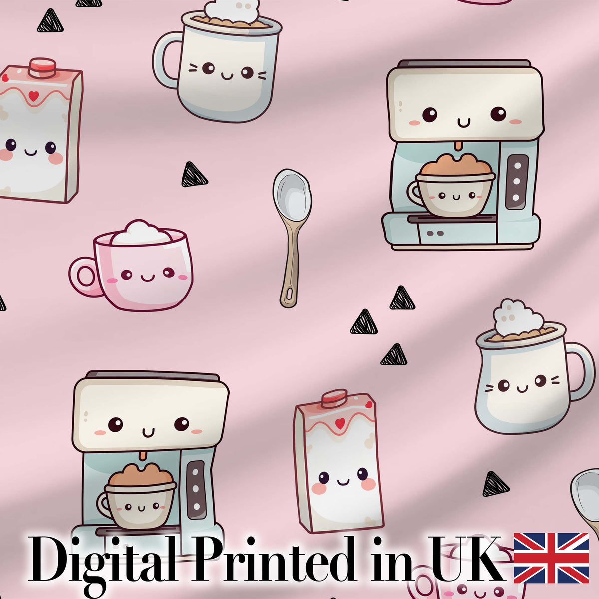 Cute Kawaii Coffee Maker Milk Carton Cups Soft Pink Background Seamless Pattern Digital Print Fabric by the Metre UK Sewing Quilting Textile