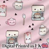 Cute Kawaii Coffee Maker Milk Carton Cups Soft Pink Background Seamless Pattern Digital Print Fabric by the Metre UK Sewing Quilting Textile