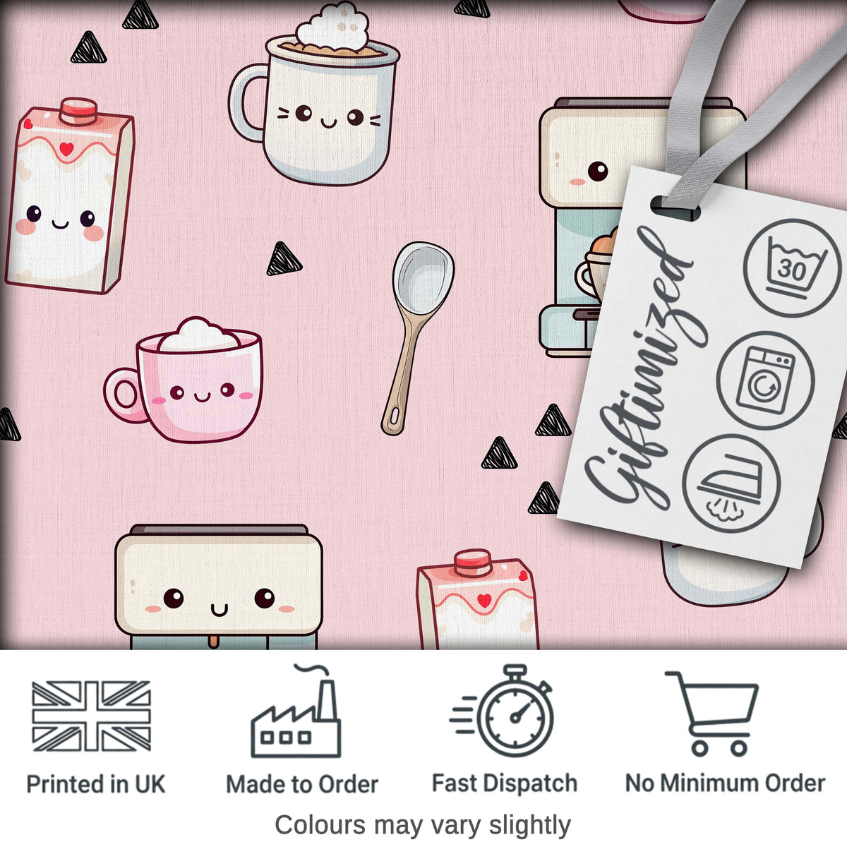 Cute Kawaii Coffee Maker Milk Carton Cups Soft Pink Background Seamless Pattern Digital Print Fabric by the Metre UK Sewing Quilting Textile