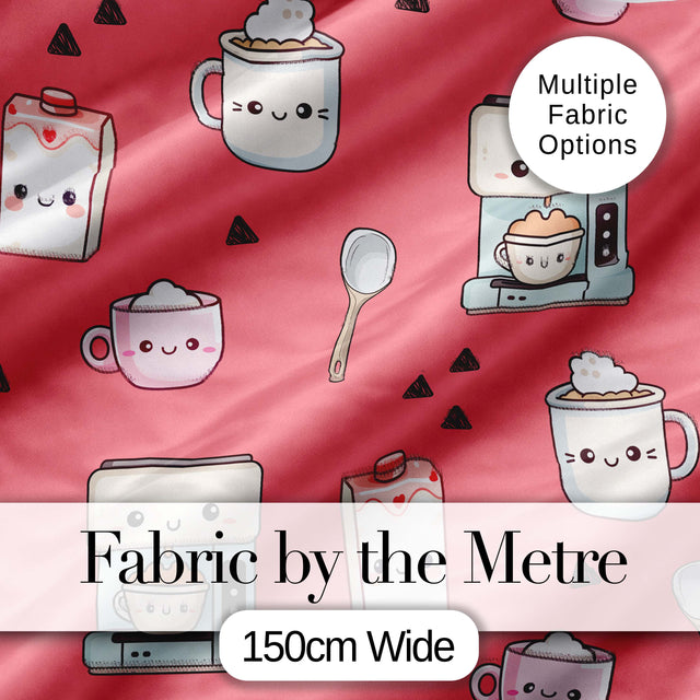 Cute Kawaii Coffee Maker Milk Carton Cups Red Background Seamless Pattern Digital Print Fabric by the Metre UK Sewing Quilting Textile