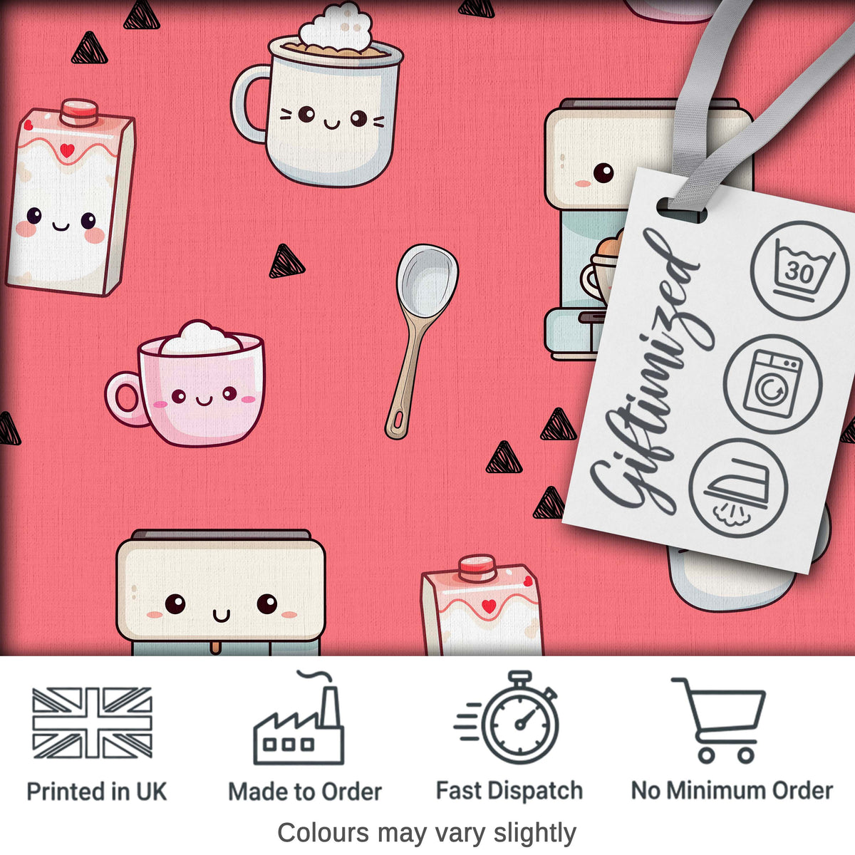 Cute Kawaii Coffee Maker Milk Carton Cups Red Background Seamless Pattern Digital Print Fabric by the Metre UK Sewing Quilting Textile
