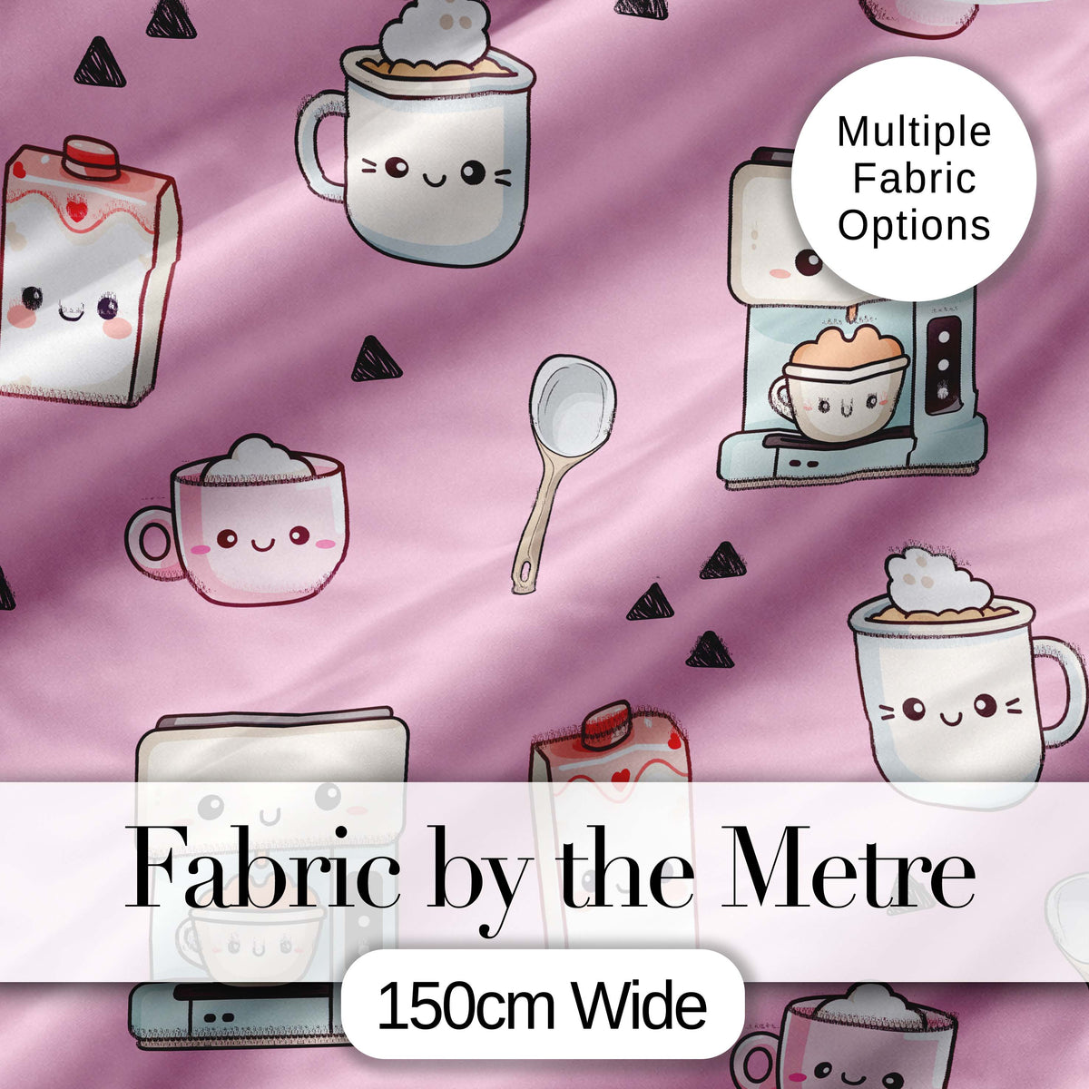 Kawaii Coffee Maker Milk Carton Cups Blush Pink  Seamless Pattern Digital Print Fabric by the Metre UK Sewing Quilting Textile