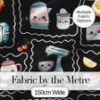 Cute Kawaii Kitchen Mixer Kettle Fruits Black Background Seamless Pattern Digital Print Fabric by the Metre UK Sewing Quilting Textile