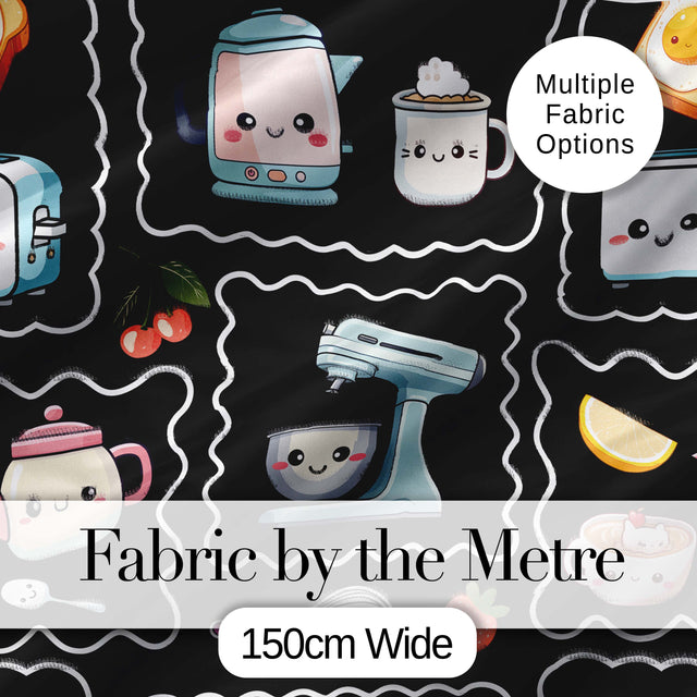 Cute Kawaii Kitchen Mixer Kettle Fruits Black Background Seamless Pattern Digital Print Fabric by the Metre UK Sewing Quilting Textile