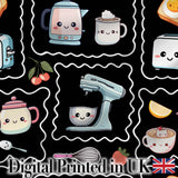 Cute Kawaii Kitchen Mixer Kettle Fruits Black Background Seamless Pattern Digital Print Fabric by the Metre UK Sewing Quilting Textile