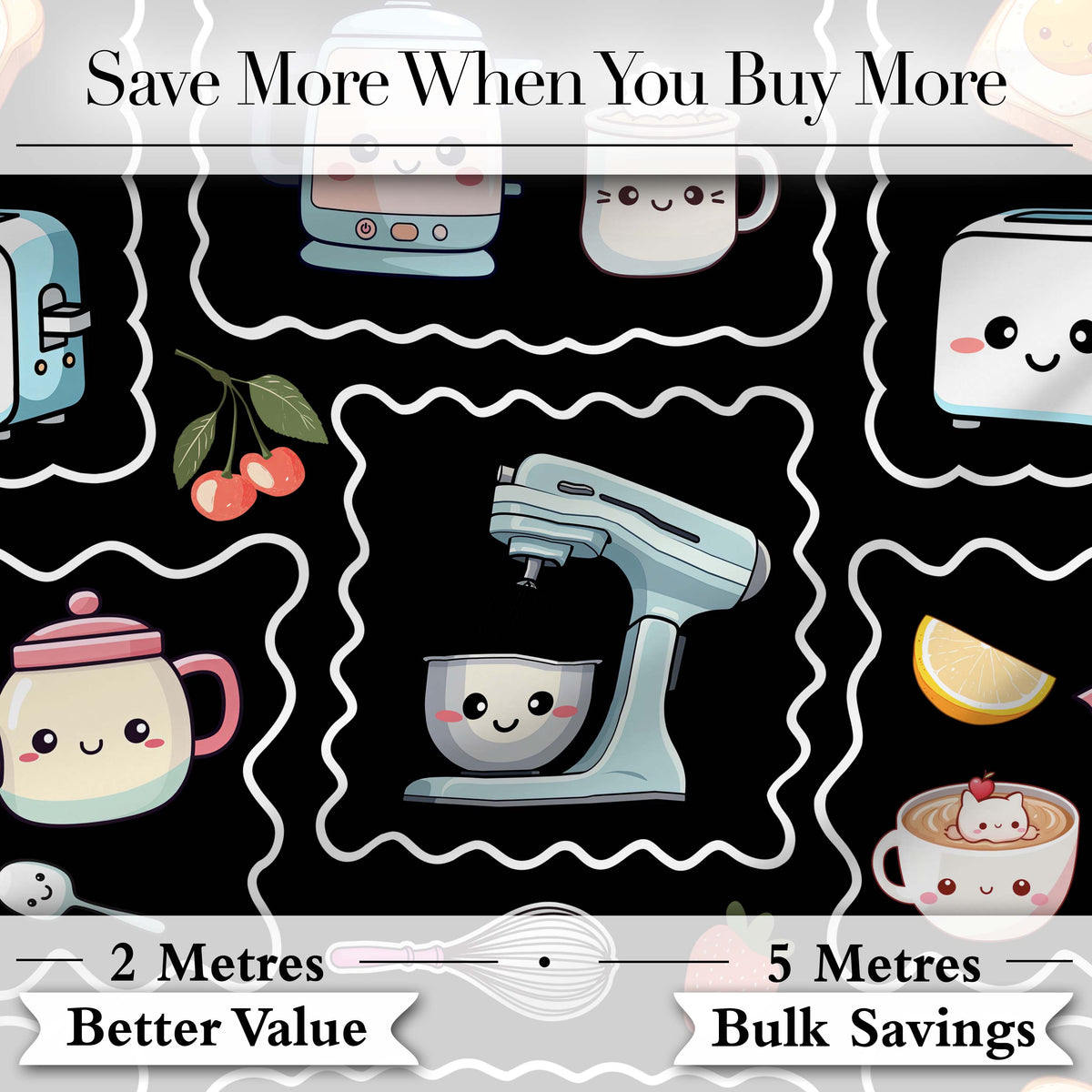 Cute Kawaii Kitchen Mixer Kettle Fruits Black Background Seamless Pattern Digital Print Fabric by the Metre UK Sewing Quilting Textile