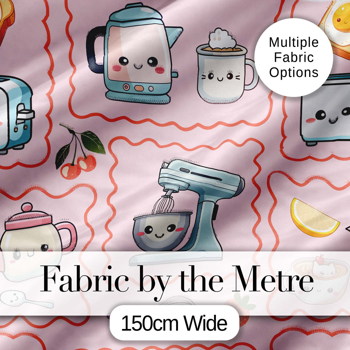 Cute Kawaii Kitchen Mixer Kettle Fruits Pink Background Seamless Pattern Digital Print Fabric by the Metre UK Sewing Quilting Textile