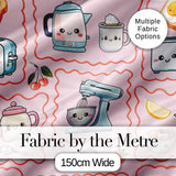 Cute Kawaii Kitchen Mixer Kettle Fruits Pink Background Seamless Pattern Digital Print Fabric by the Metre UK Sewing Quilting Textile