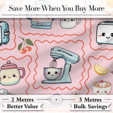 Cute Kawaii Kitchen Mixer Kettle Fruits Pink Background Seamless Pattern Digital Print Fabric by the Metre UK Sewing Quilting Textile