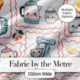 Cute Kawaii Kitchen Mixer Kettle Fruits Light Grey Background Seamless Pattern Digital Print Fabric by the Metre UK Sewing Quilting Textile