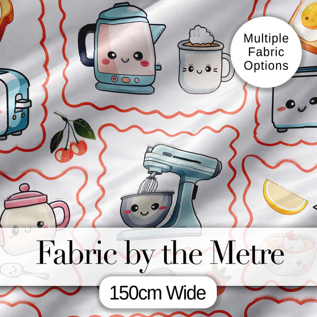 Cute Kawaii Kitchen Mixer Kettle Fruits Light Grey Background Seamless Pattern Digital Print Fabric by the Metre UK Sewing Quilting Textile