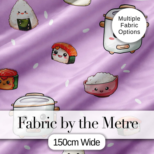 Cute Kawaii Sushi Rice Cooker Bowl Purple Background Seamless Pattern Digital Print Fabric by the Metre UK Sewing Quilting Textile