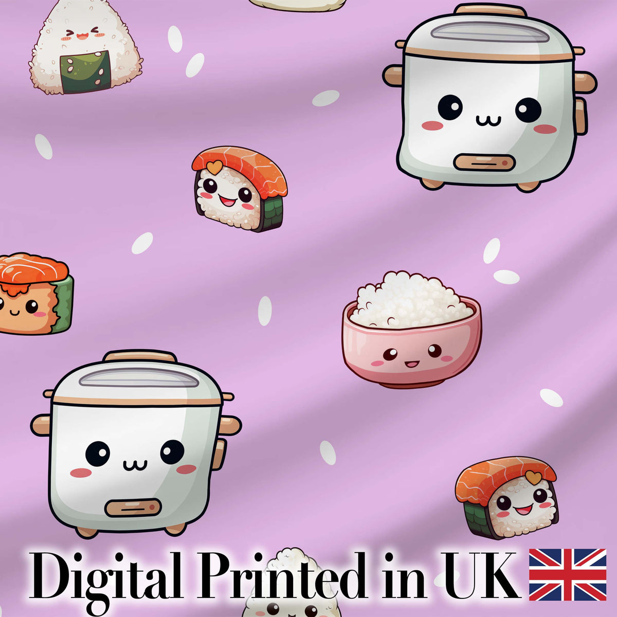 Cute Kawaii Sushi Rice Cooker Bowl Purple Background Seamless Pattern Digital Print Fabric by the Metre UK Sewing Quilting Textile