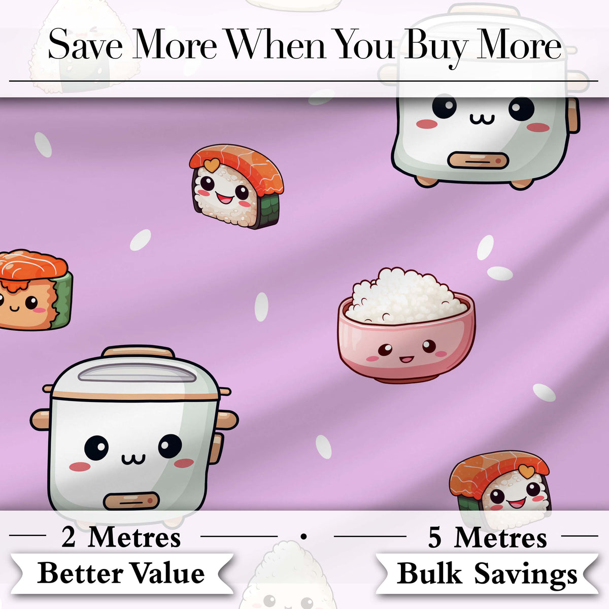 Cute Kawaii Sushi Rice Cooker Bowl Purple Background Seamless Pattern Digital Print Fabric by the Metre UK Sewing Quilting Textile
