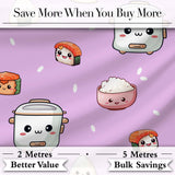 Cute Kawaii Sushi Rice Cooker Bowl Purple Background Seamless Pattern Digital Print Fabric by the Metre UK Sewing Quilting Textile