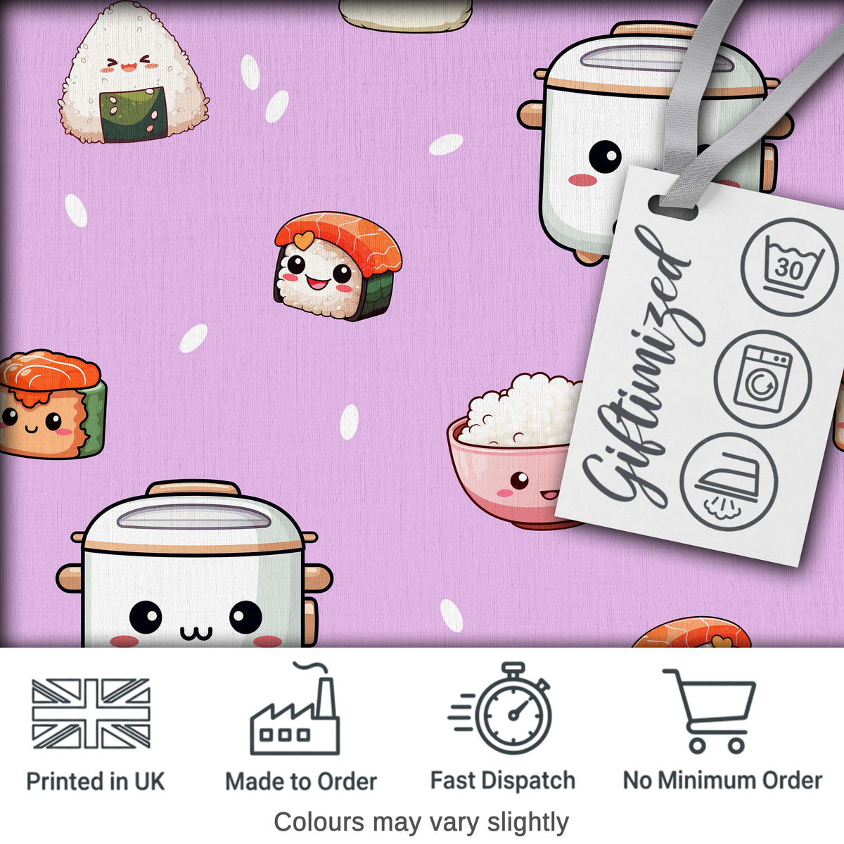 Cute Kawaii Sushi Rice Cooker Bowl Purple Background Seamless Pattern Digital Print Fabric by the Metre UK Sewing Quilting Textile