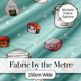Cute Kawaii Sushi Rice Cooker Bowl Mint Green Background Seamless Pattern Digital Print Fabric by the Metre UK Sewing Quilting Textile