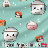 Cute Kawaii Sushi Rice Cooker Bowl Mint Green Background Seamless Pattern Digital Print Fabric by the Metre UK Sewing Quilting Textile