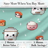 Cute Kawaii Sushi Rice Cooker Bowl Mint Green Background Seamless Pattern Digital Print Fabric by the Metre UK Sewing Quilting Textile