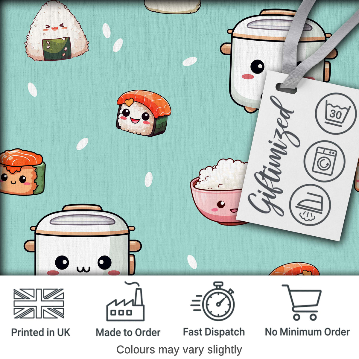 Cute Kawaii Sushi Rice Cooker Bowl Mint Green Background Seamless Pattern Digital Print Fabric by the Metre UK Sewing Quilting Textile