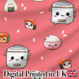 Cute Kawaii Sushi Rice Cooker Bowl Coral Red Background Seamless Pattern Digital Print Fabric by the Metre UK Sewing Quilting Textile