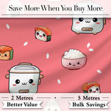 Cute Kawaii Sushi Rice Cooker Bowl Coral Red Background Seamless Pattern Digital Print Fabric by the Metre UK Sewing Quilting Textile