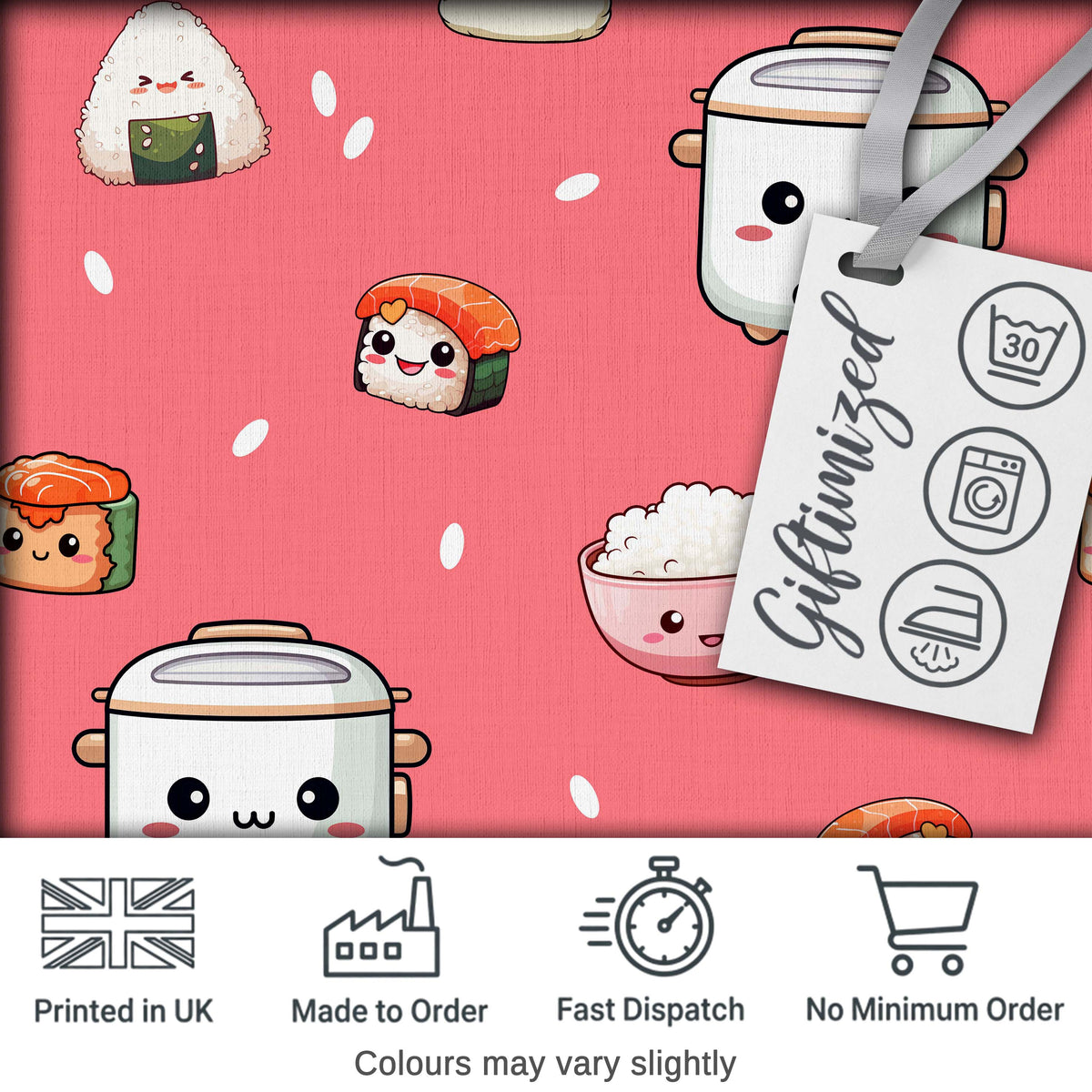 Cute Kawaii Sushi Rice Cooker Bowl Coral Red Background Seamless Pattern Digital Print Fabric by the Metre UK Sewing Quilting Textile