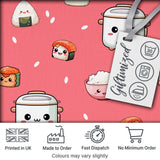 Cute Kawaii Sushi Rice Cooker Bowl Coral Red Background Seamless Pattern Digital Print Fabric by the Metre UK Sewing Quilting Textile