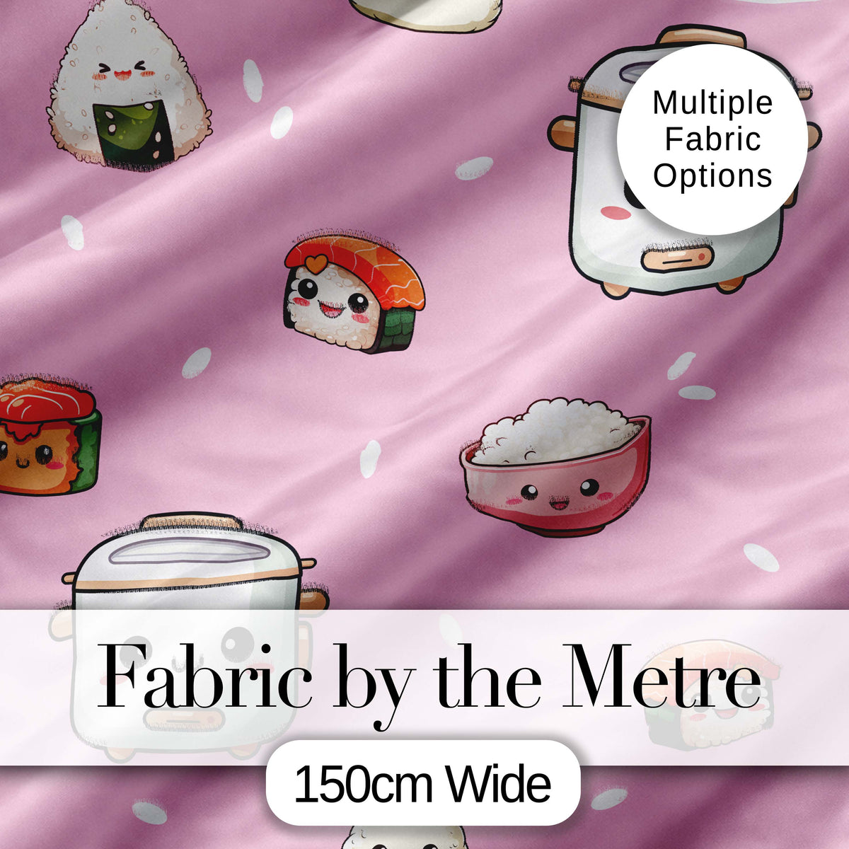 Cute Kawaii Sushi Rice Cooker Bowl Blush Pink Background Seamless Pattern Digital Print Fabric by the Metre UK Sewing Quilting Textile