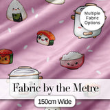 Cute Kawaii Sushi Rice Cooker Bowl Blush Pink Background Seamless Pattern Digital Print Fabric by the Metre UK Sewing Quilting Textile