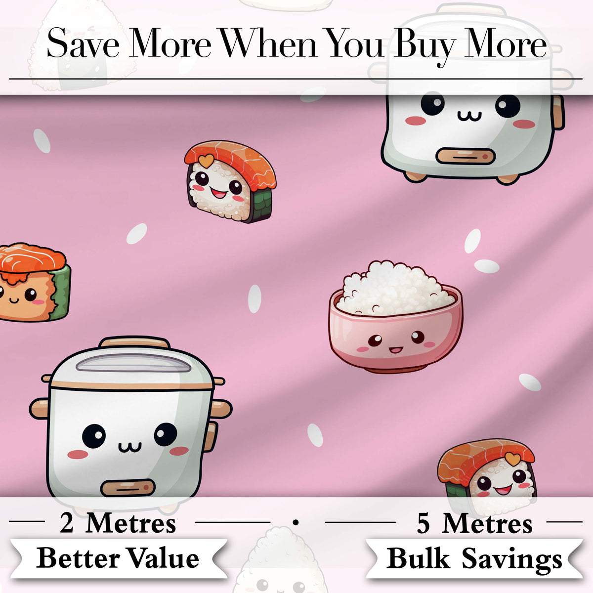 Cute Kawaii Sushi Rice Cooker Bowl Blush Pink Background Seamless Pattern Digital Print Fabric by the Metre UK Sewing Quilting Textile