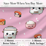Cute Kawaii Sushi Rice Cooker Bowl Blush Pink Background Seamless Pattern Digital Print Fabric by the Metre UK Sewing Quilting Textile