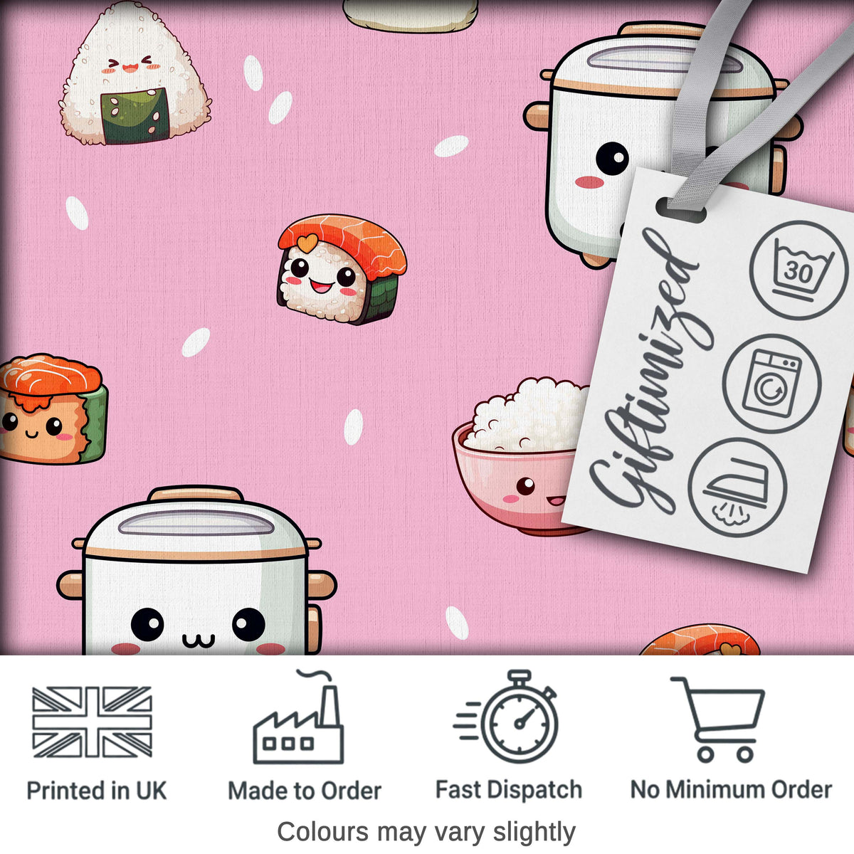 Cute Kawaii Sushi Rice Cooker Bowl Blush Pink Background Seamless Pattern Digital Print Fabric by the Metre UK Sewing Quilting Textile